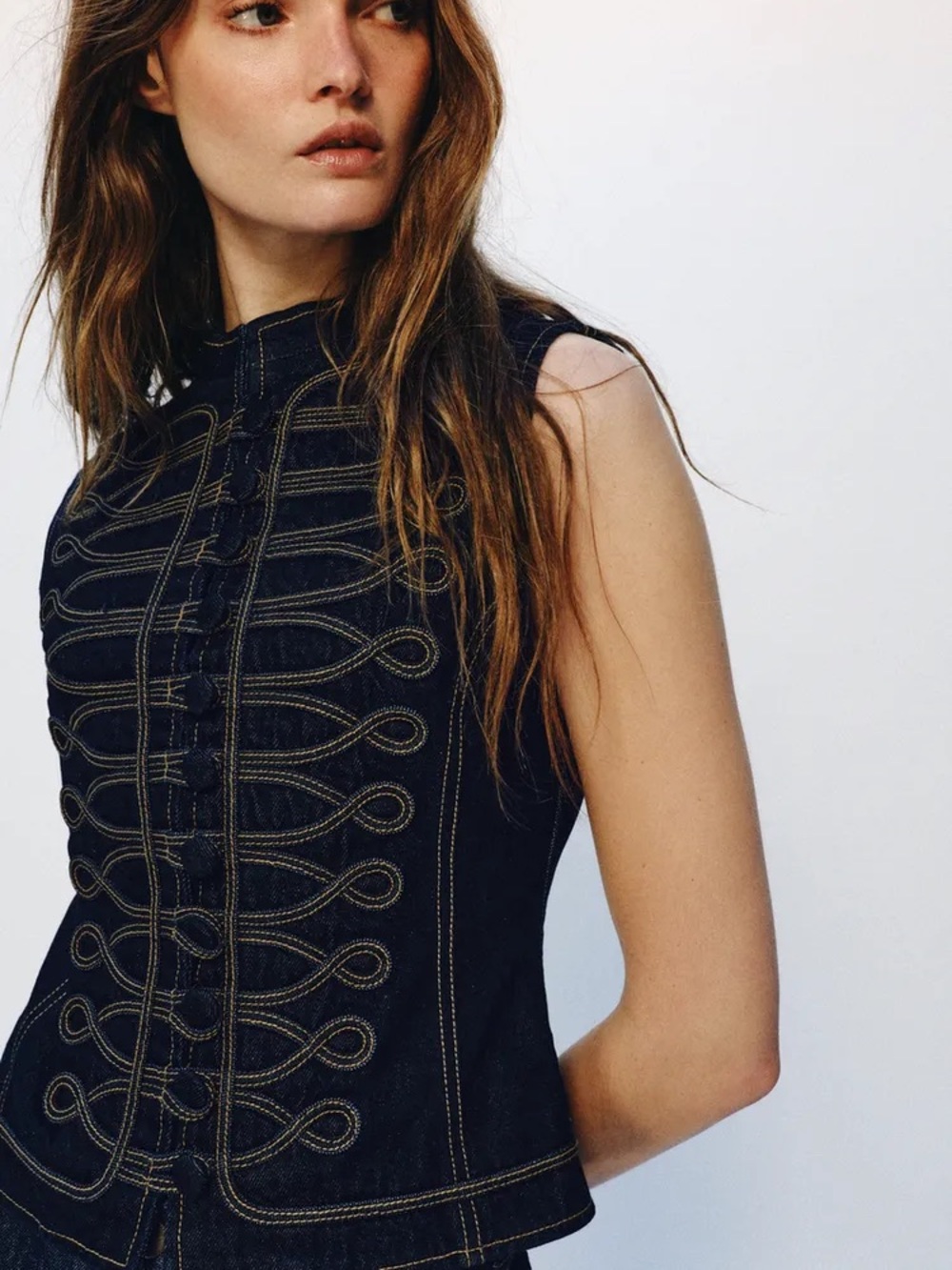 ZARA ZW COLLECTION TOPSTITCH FIREMAN CLASP DENIM VEST